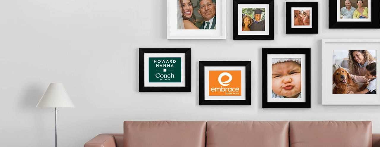 Cushion with family frames and coach logo